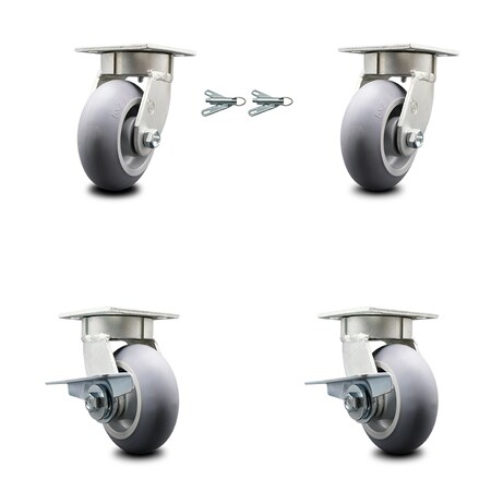 Service Caster 5 Inch Kingpinless Thermoplastic Rubber Wheel Caster Swivel Locks 2 Brakes, 2PK SCC-KP30S520-TPRRD-BSL-2-SLB-2
